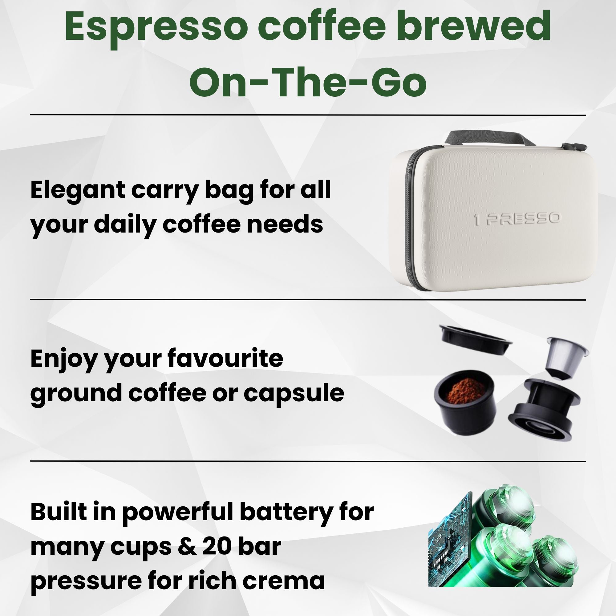 Elegant carry bag, two adaptors and powerful battery