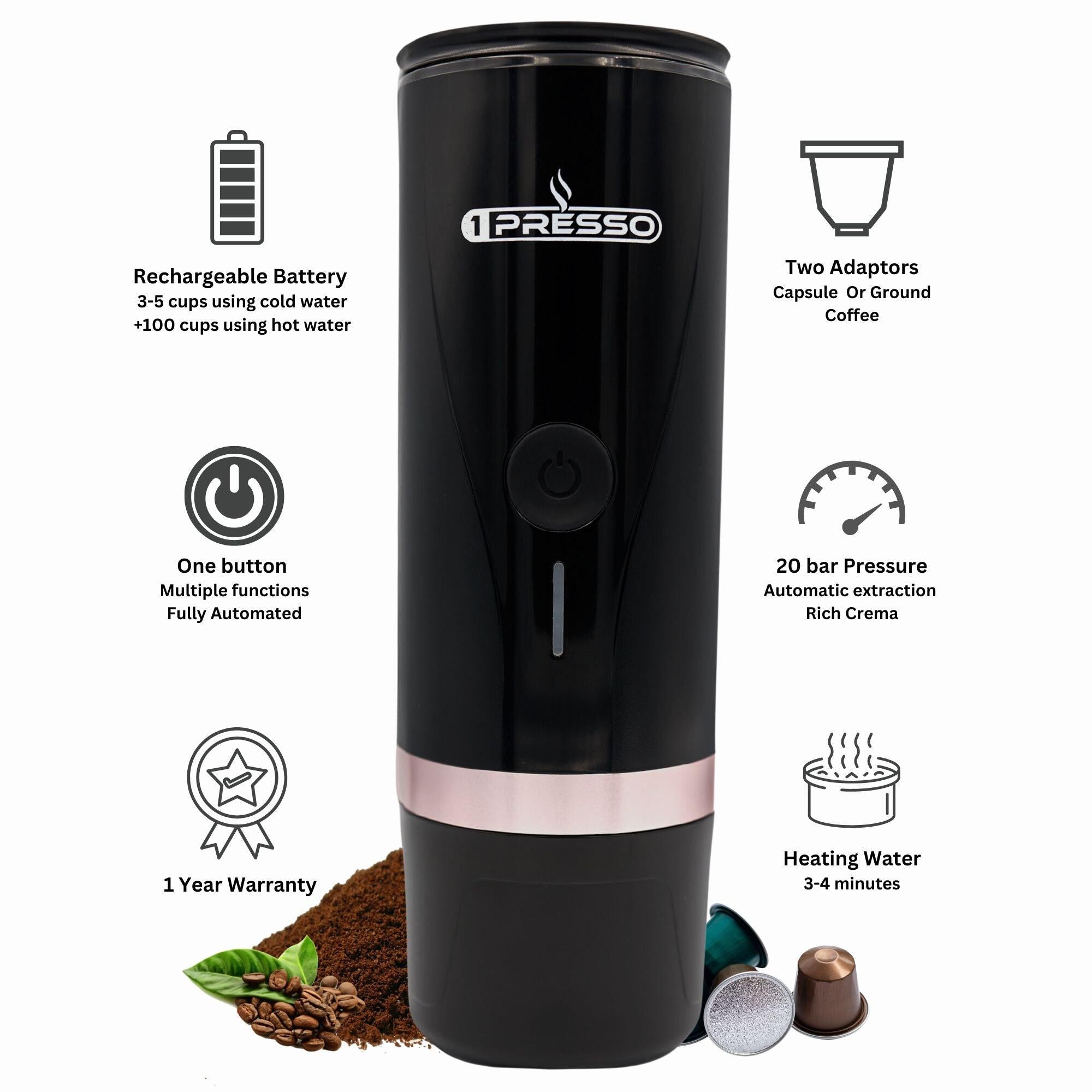 1Presso EZ most advanced portable espresso machine — 20 bar pressure, Nespresso and ground coffee compatible