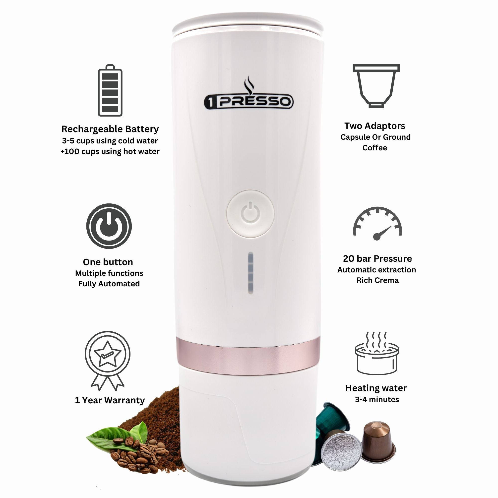 works with capsules and coffee powder, self heating, strong battery, 1presso portable espresso coffee machine