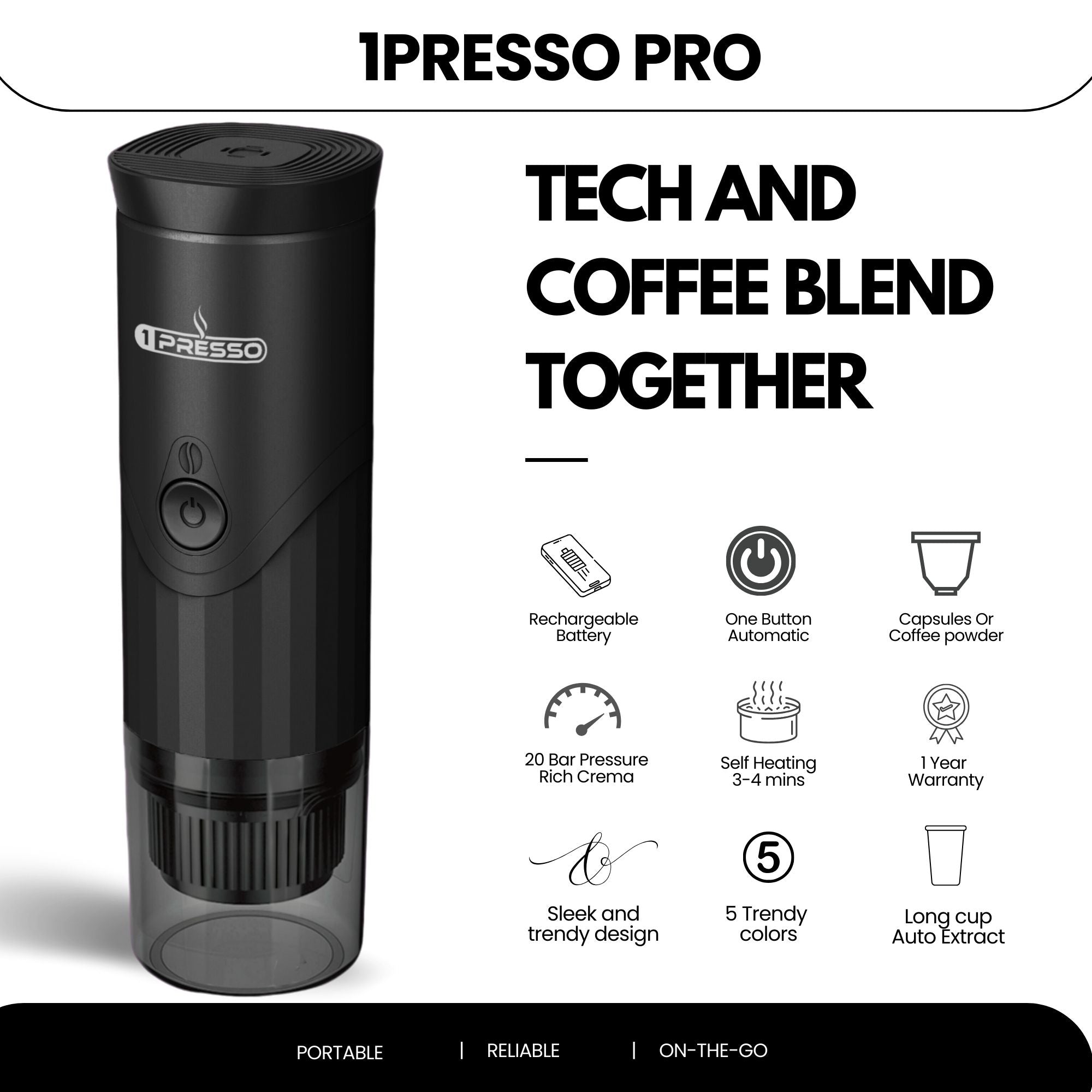 1Presso PRO the most advanced portable coffee maker in UAE with 1 year warranty