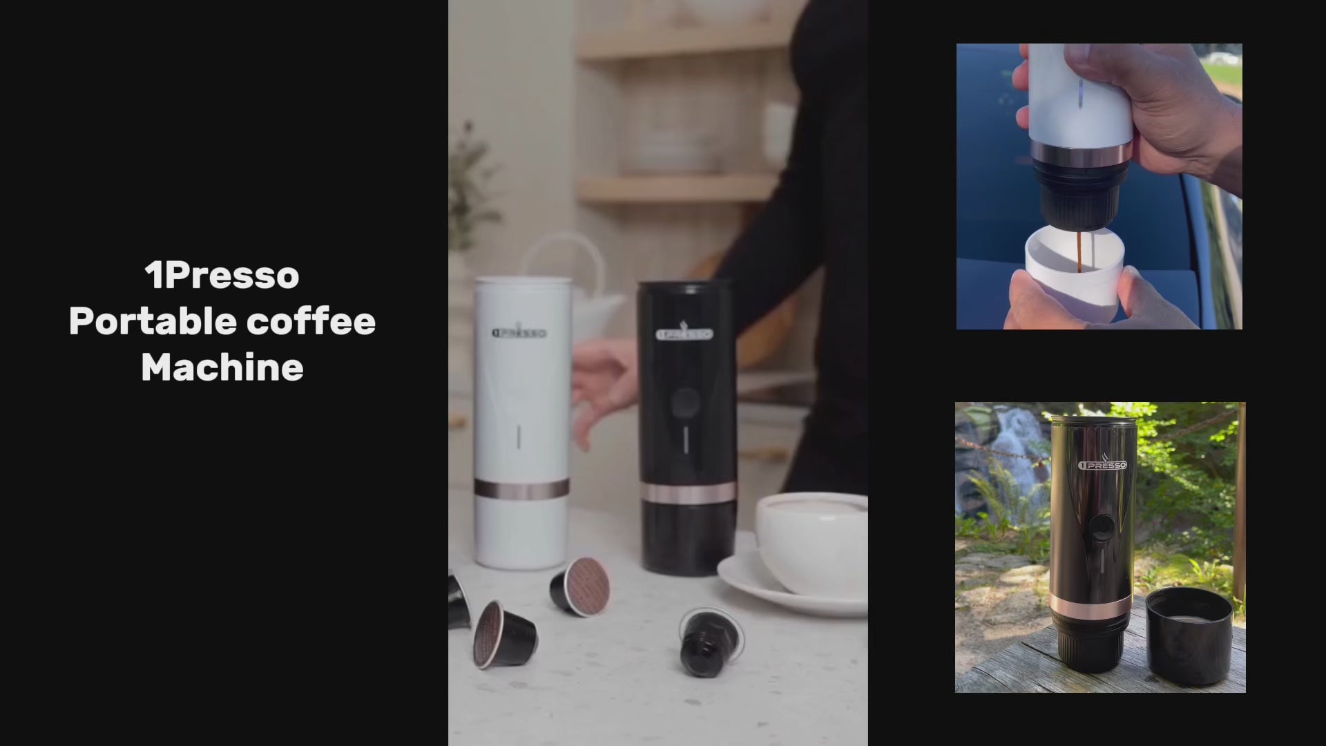 1Presso portable espresso coffee machine, self heating, battery, capsules or coffee powder
