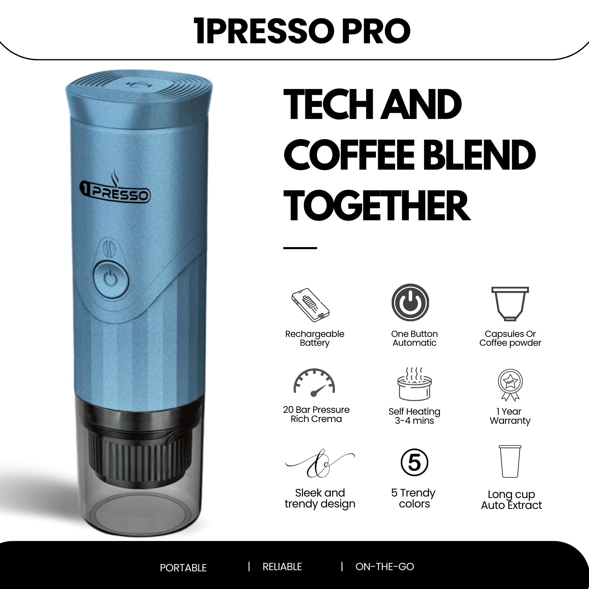 Most advanced portable espresso coffee machine from 1Presso 1 year warranty with UAE branches