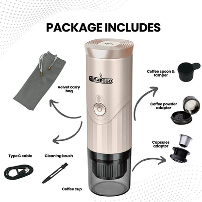 portable espresso machine with carry bag and 2 in 1 coffee capsules and coffee powder