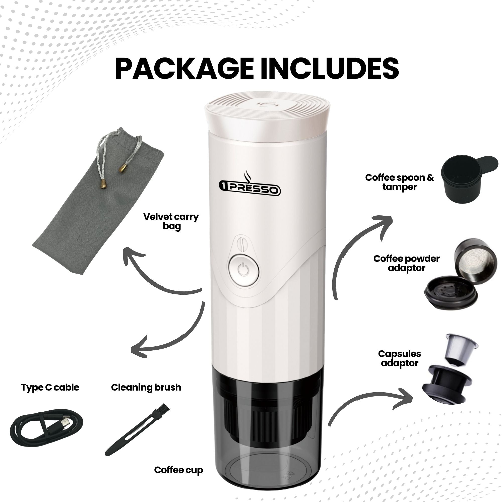 includes all your daily coffee needs in 1press package