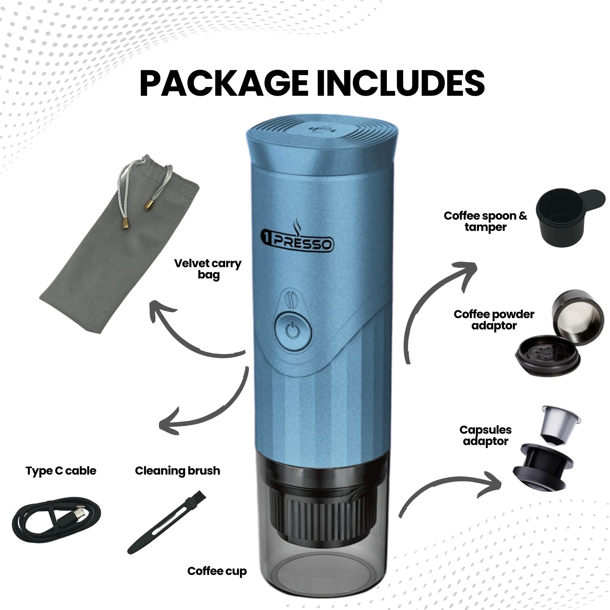 Carry bag, coffee capsules and coffee powder, type C charger