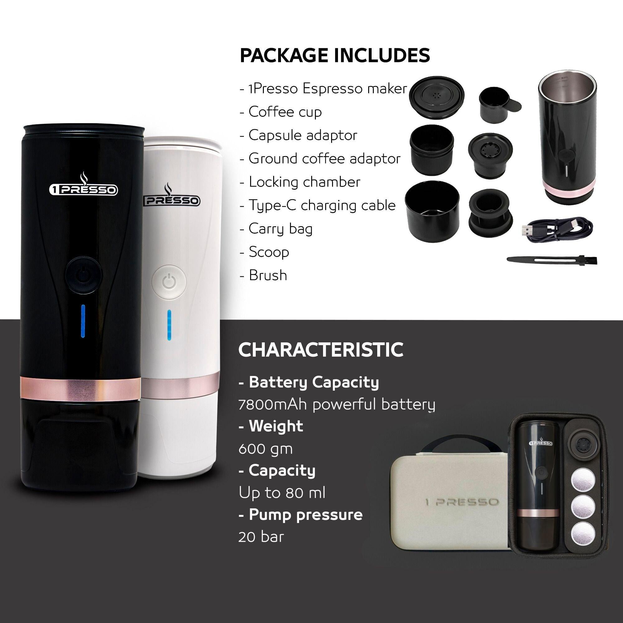 1Presso EZ portable coffee machine with carry bag, capsules and ground coffee — all-in-one travel kit UAE