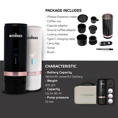 1Presso EZ portable coffee machine with carry bag, capsules and ground coffee — all-in-one travel kit UAE