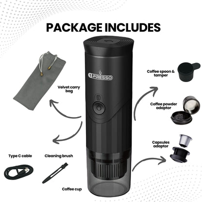 1presso pro package includes all your daily coffee needs , carry bag, 2 in 1 coffee capsules and coffee powder